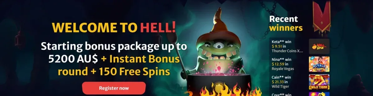 HellSpin Casino welcome banner: bonus package up to 5,200 AU$ and 150 free spins
