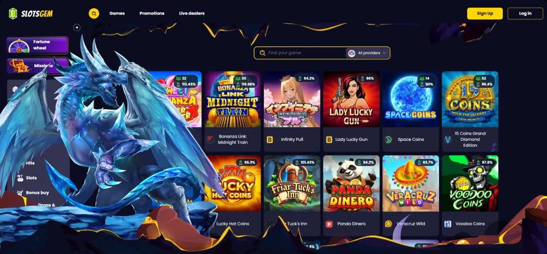SlotsGem Casino games lobby with pokies and live titles