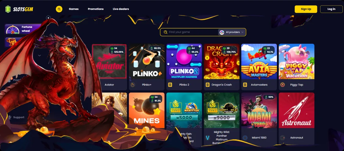 SlotsGem Casino lobby with pokies and crash games